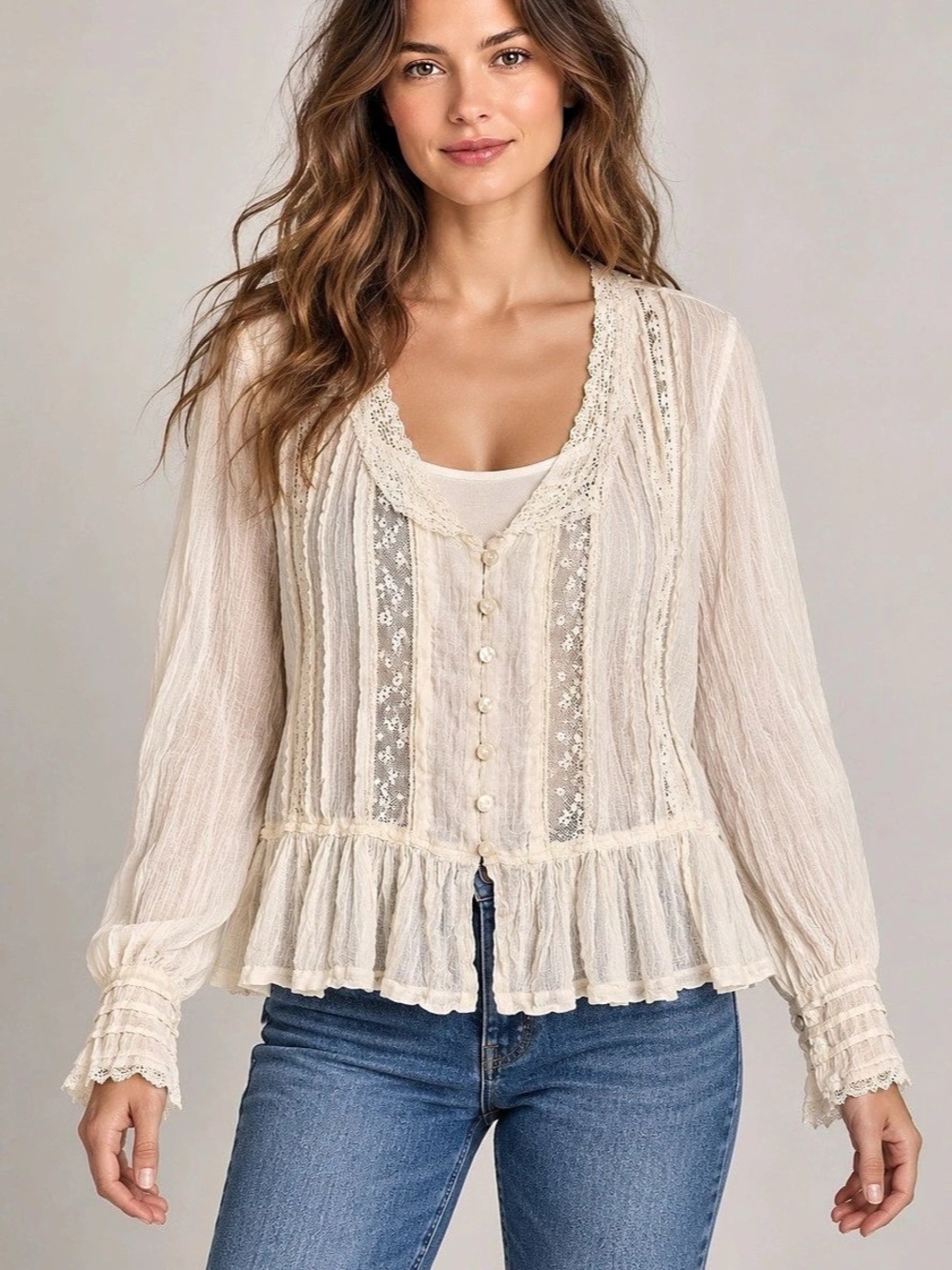 Free People FP One Ivory Lace Pintuck Button Front Ruffle Blouse Small